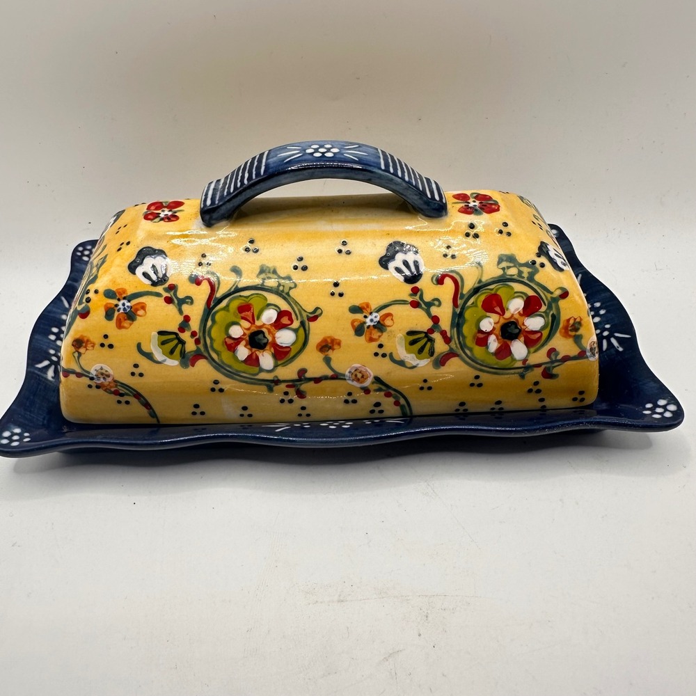 Anthropologie Lyna Floral Hand-Painted Ceramic Covered Butter Dish Multicolored